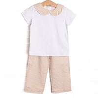  This set features white knit fabric, a tan gingham Peter Pan collar, and short sleeves. Coordinating tan gingham pants to match. 