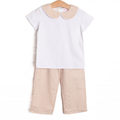  This set features white knit fabric, a tan gingham Peter Pan collar, and short sleeves. Coordinating tan gingham pants to match. 
