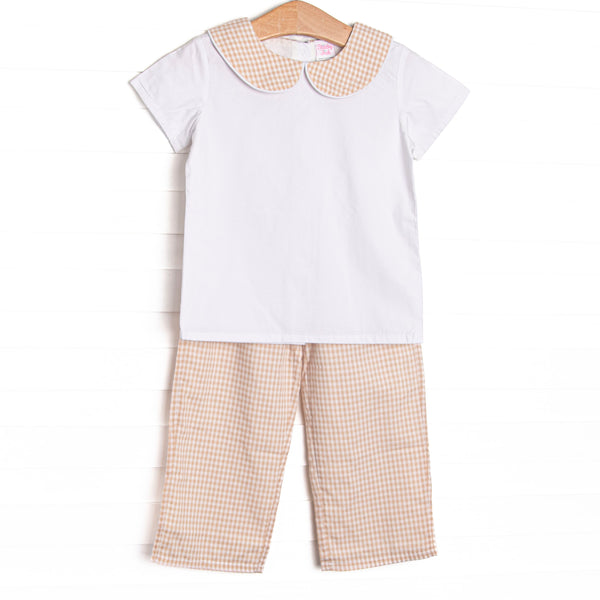  This set features white knit fabric, a tan gingham Peter Pan collar, and short sleeves. Coordinating tan gingham pants to match. 