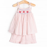 Don't Be Crabby Smocked Tie Strap Short Set, Red