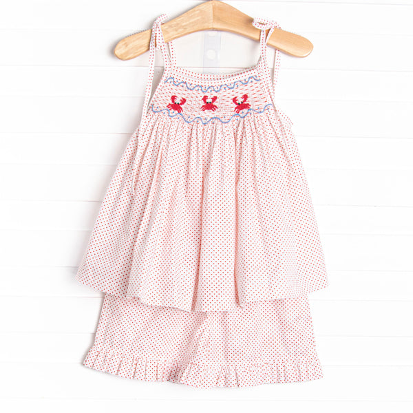 Don't Be Crabby Smocked Tie Strap Short Set, Red