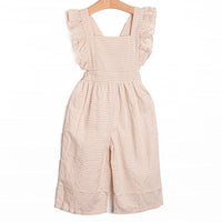 This romper features tan gingham fabric, flutter sleeves, and a criss-cross back.