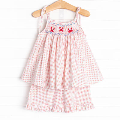 Don't Be Crabby Smocked Tie Strap Short Set, Red