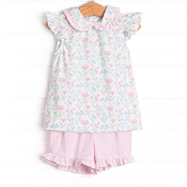 Sweet Pea Seersucker Ruffle Short Set, Pink