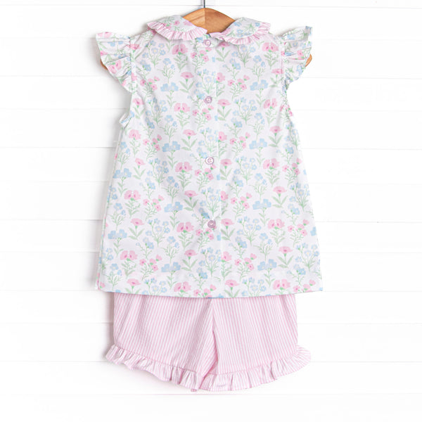 Sweet Pea Seersucker Ruffle Short Set, Pink