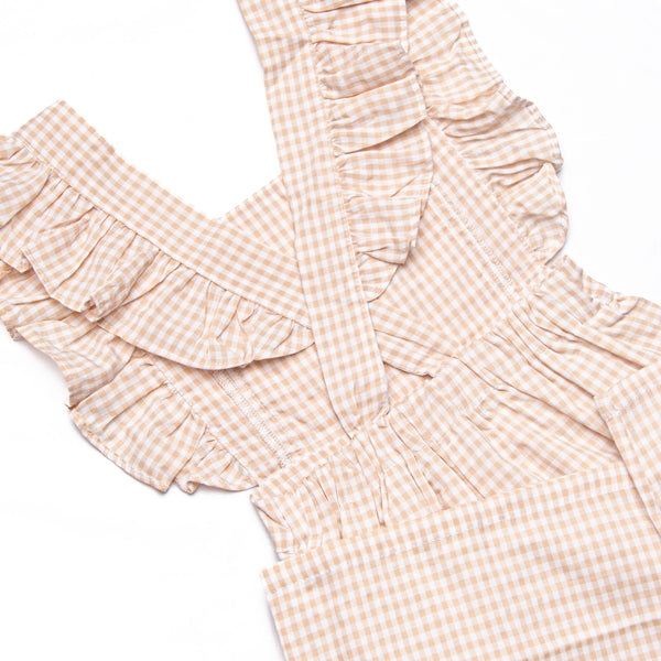 Judith Long Romper, Tan Gingham