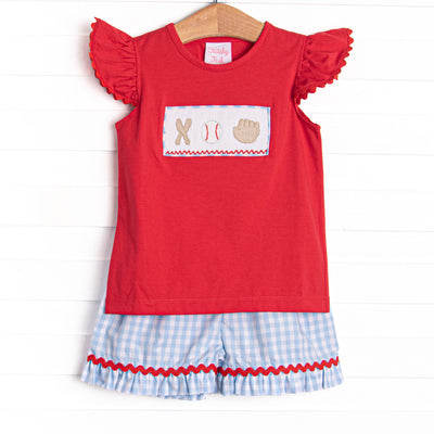 Foul Ball Smocked Ruffle Short Set, Blue