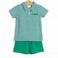 This cozy knit favorite is a staple for every little guy's closet featuring soft knit material, coordinating green knit shorts, and forest green stripes