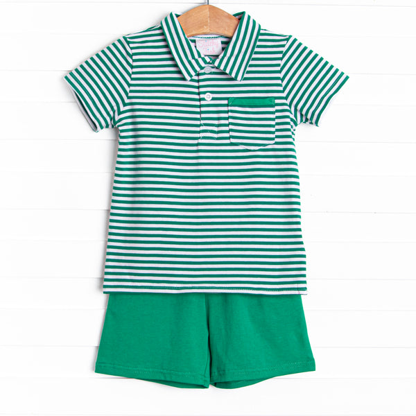 This cozy knit favorite is a staple for every little guy's closet featuring soft knit material, coordinating green knit shorts, and forest green stripes