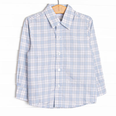 This top features a blue and tan plaid print,&nbsp;polo collar, and buttons.