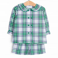 This set features blue and green plaid, a peter pan collar, and green front buttons