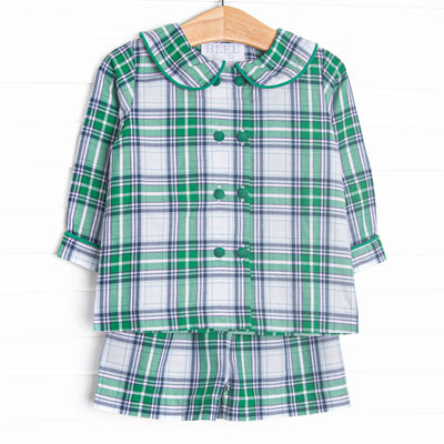 This set features blue and green plaid, a peter pan collar, and green front buttons