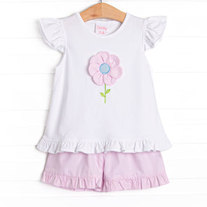 Fresh Air Flowers Applique Flutter Sleeve Short Set, Pink