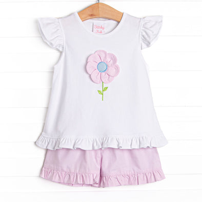 Fresh Air Flowers Applique Flutter Sleeve Short Set, Pink