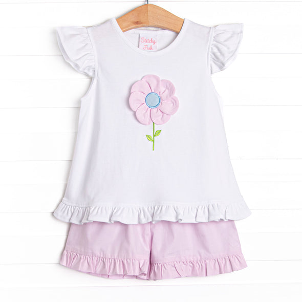 Fresh Air Flowers Applique Flutter Sleeve Short Set, Pink