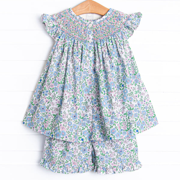 Perfect Petals Smocked Ruffle Short Set, Blue