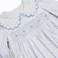 Bleu: Margaret Smocked Scalloped Collar Long Sleeve Dress, Blue Floral