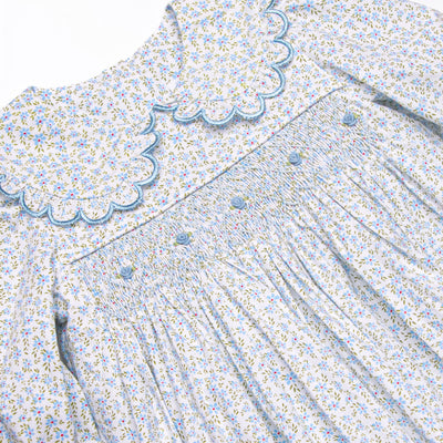 Bleu: Margaret Smocked Scalloped Collar Long Sleeve Dress, Blue Floral