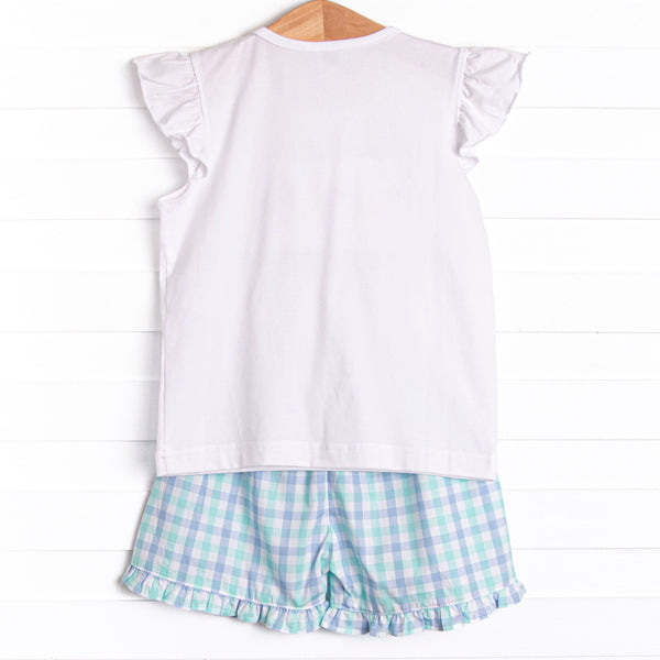 Plaid Paws Smocked Ruffle Short Set, Blue