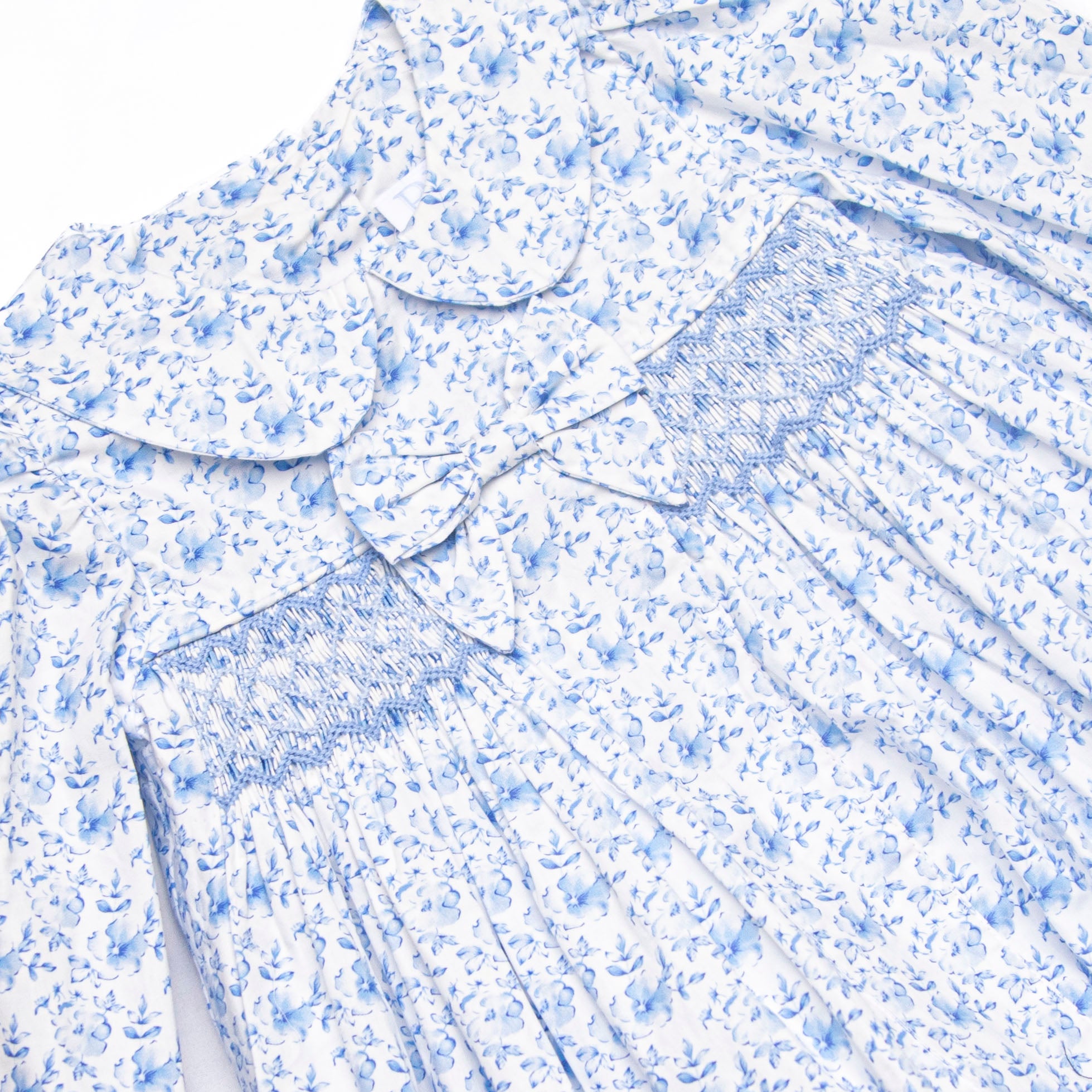 Bleu: Louisa Smocked Long Sleeve Collared Diaper Set, Blue Floral