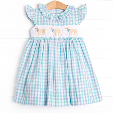 plaid dress blue and white Girl's Plaid Paws Smocked Dress in Blue size 12M