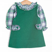 This dress set&nbsp; features a blue plaid top with a ruffle collar and a green corduroy jumper dress with ruffle button-on tabs.