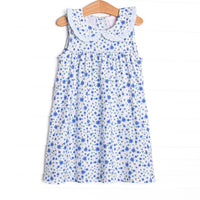 The dress features a peter pan collar, ruffle trim, and a vibrant blue floral print.