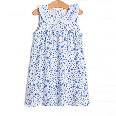 The dress features a peter pan collar, ruffle trim, and a vibrant blue floral print.