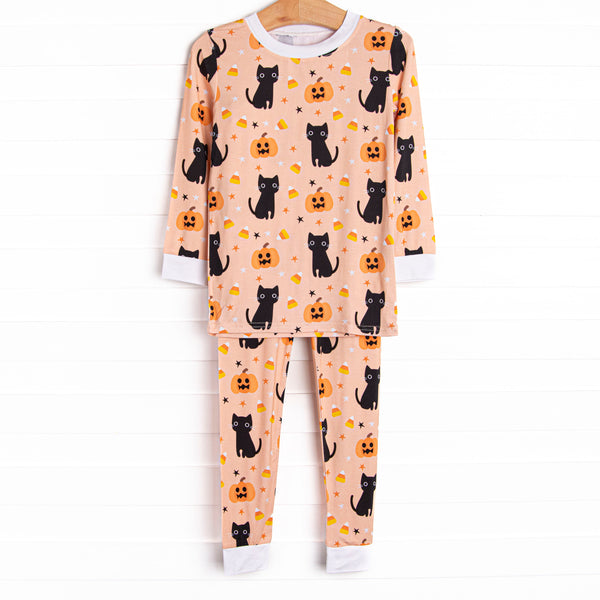 Feline Spooky Bamboo Pajama Set, Orange