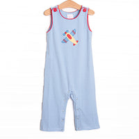 This Jon Jon features blue striped print, red trim, and an airplane applique.