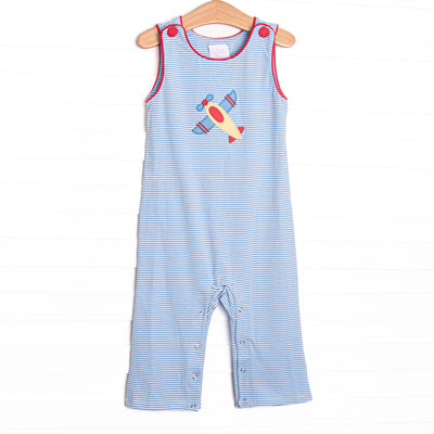 This Jon Jon features blue striped print, red trim, and an airplane applique.