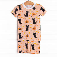 Feline Spooky Bamboo Pajama Short Set, Orange