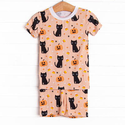 Feline Spooky Bamboo Pajama Short Set, Orange