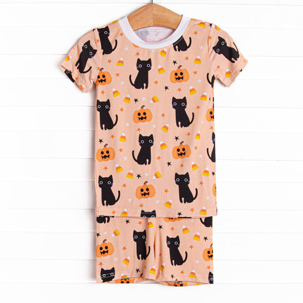 Feline Spooky Bamboo Pajama Short Set, Orange