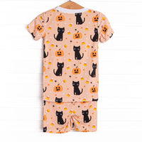 Feline Spooky Bamboo Pajama Short Set, Orange
