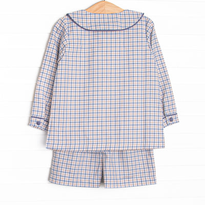 Bleu: Clark Classic Long Sleeve Short Set, Navy and Tan Plaid