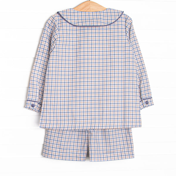 Bleu: Clark Classic Long Sleeve Short Set, Navy and Tan Plaid