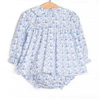 Bleu: Louisa Smocked Long Sleeve Collared Diaper Set, Blue Floral