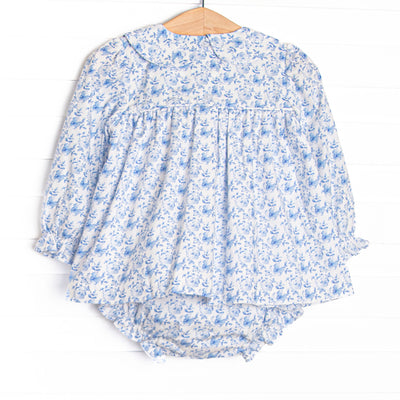 Bleu: Louisa Smocked Long Sleeve Collared Diaper Set, Blue Floral