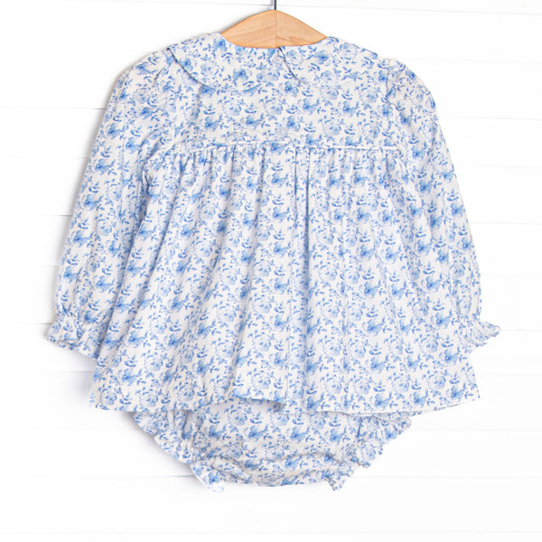 Bleu: Louisa Smocked Long Sleeve Collared Diaper Set, Blue Floral