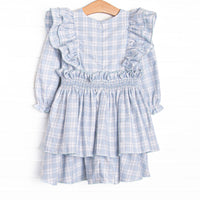 Bleu: Vivian Smocked Long Sleeve Dress, Light Blue and Tan Plaid