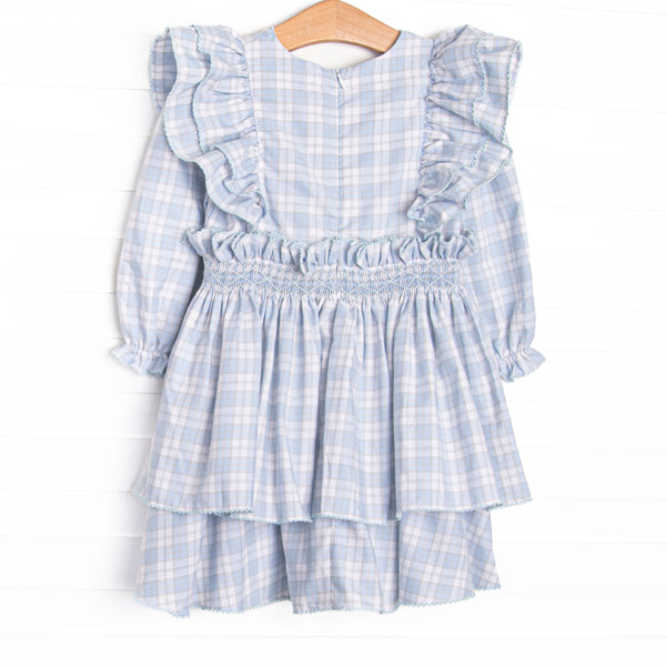 Bleu: Vivian Smocked Long Sleeve Dress, Light Blue and Tan Plaid