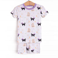 Whiskers and Witches Bamboo Pajama Short Set, Purple
