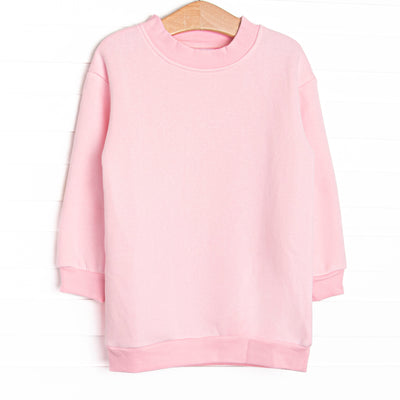 This sweatshirt features a pink fleece fabric, a mock neck, and pink trim.