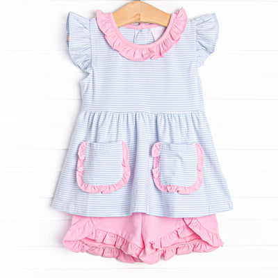 The set features a precious pink ruffle trim, sweet blue stripes, and breathable knit material