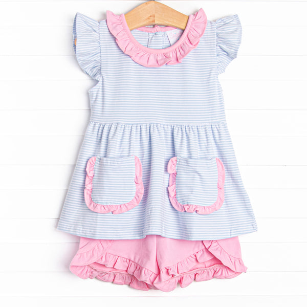 The set features a precious pink ruffle trim, sweet blue stripes, and breathable knit material