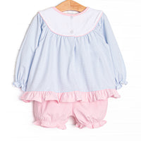 Pink Petals Applique Bloomer Set, Blue
