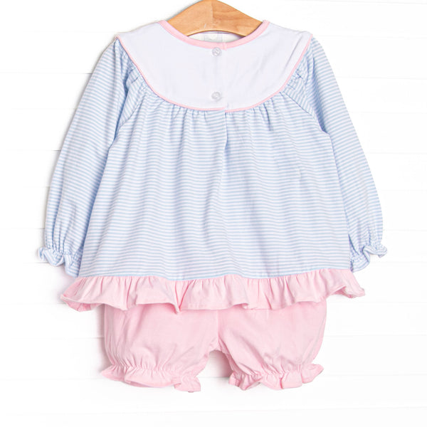 Pink Petals Applique Bloomer Set, Blue