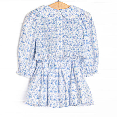Bleu: Louisa Smocked Long Sleeve Skirt Set, Blue Floral