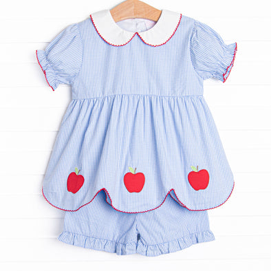 An Apple a Day Applique Ruffle Short Set, Blue Gingham